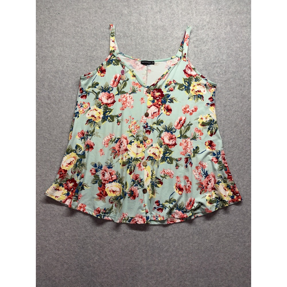 Monnuro Womens 2X Floral Cami Tank Top Mint Green V-Neck Button Front Sleeveless - Picture 2 of 11